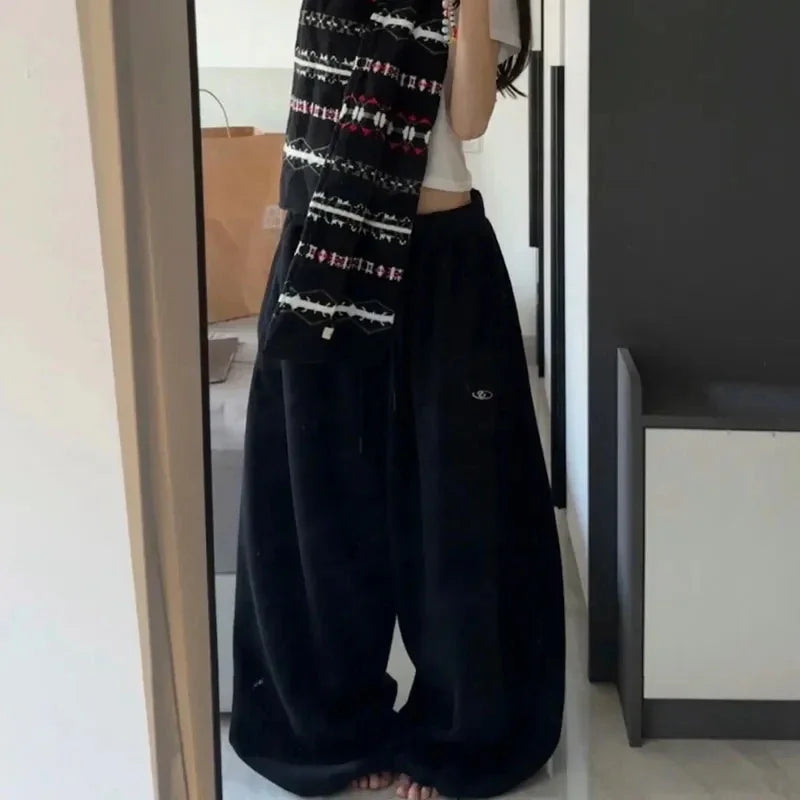 American Retro Hip-Hop Oversized Woman Black Casual Sweatpants Korean Streetwear Loose Jogging Pants High Waist Wide-Leg Pants