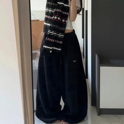 American Retro Hip-Hop Oversized Woman Black Casual Sweatpants Korean Streetwear Loose Jogging Pants High Waist Wide-Leg Pants