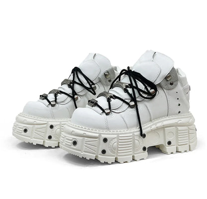 2025 Cyberpunk Heavy Metal Women's Small Height Increasing Lace-up Men Tabby Dark Goth Rock Platform Shoes 8cm