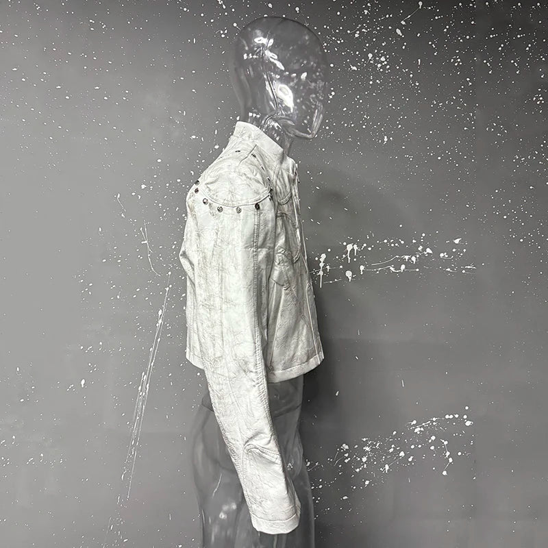 FEWQ High Street Men's PU Leather Jackets Stand Collar Shoulder Pads Dirty-dying Contrast Color Loose Male Short Coats 24K5621