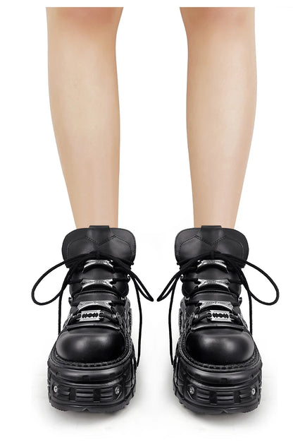 New Women Shoes Punk Style Lace-up Heel Height 6CM Platform Shoes Woman Gothic Ankle Rock Boots Metal Decor Woman Sneakers