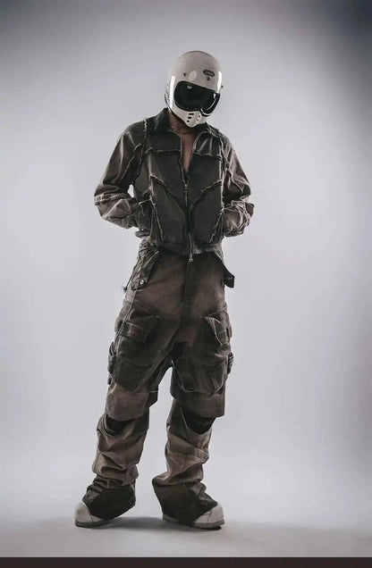 HKSH Spring Autumn New Men's Tide Punk Splice Jackets Split Burr Washed Retro Waste Land Chic Coat Dark Cotton Streetwear HK2418