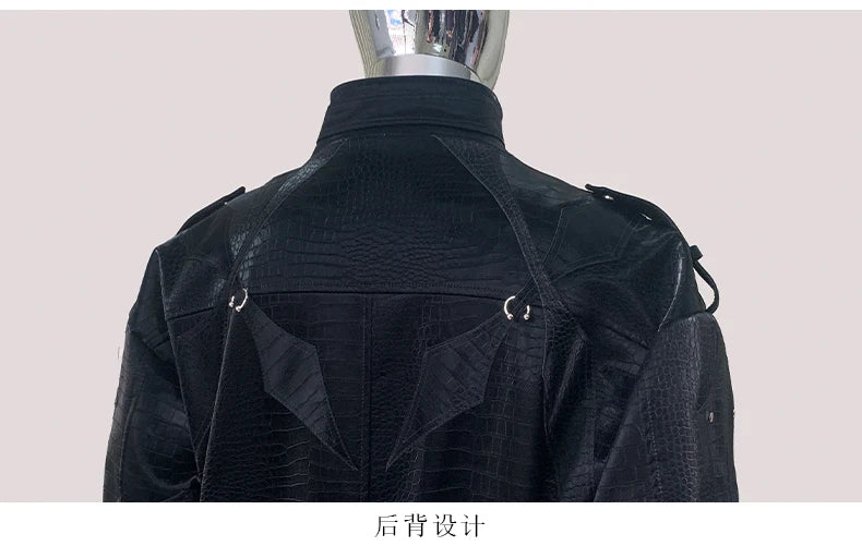 Mauroicardi Autumn Short Color Block Crocodile Print Faux Leather Jacket Men Stand Collar Luxury Designer Punk Style Emo Clothes