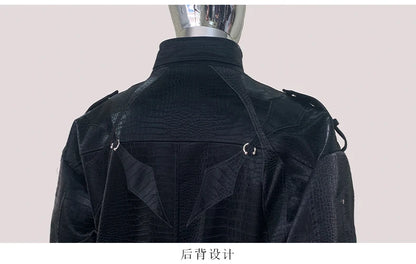 Mauroicardi Autumn Short Color Block Crocodile Print Faux Leather Jacket Men Stand Collar Luxury Designer Punk Style Emo Clothes