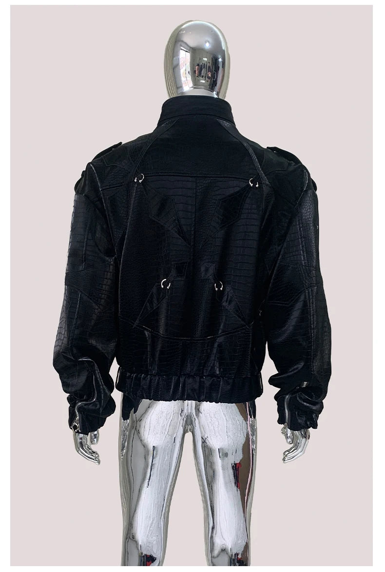 Mauroicardi Autumn Short Color Block Crocodile Print Faux Leather Jacket Men Stand Collar Luxury Designer Punk Style Emo Clothes