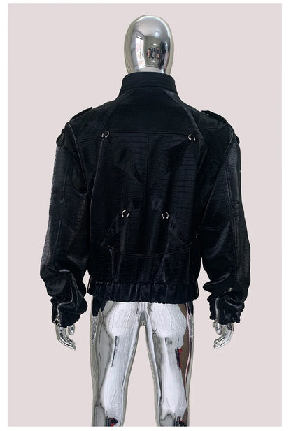 Mauroicardi Autumn Short Color Block Crocodile Print Faux Leather Jacket Men Stand Collar Luxury Designer Punk Style Emo Clothes