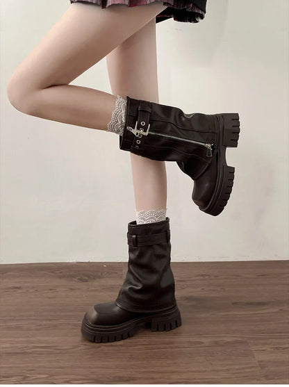 Winter Women Biker Boots Fashion Belt Buckle Ladies Elegant Platform Flats Short Booties Casual Women's Knight Booties