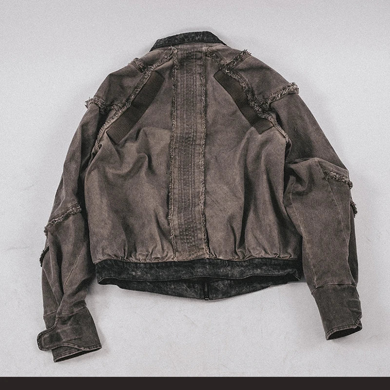 Waste Soil Style Washed Frayed Rough Edge Short Jacket Men Profile Distressed Flip Collar Coat