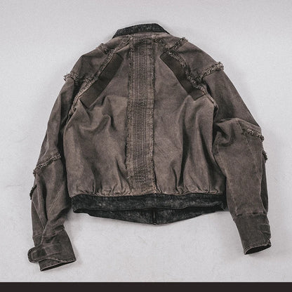 Waste Soil Style Washed Frayed Rough Edge Short Jacket Men Profile Distressed Flip Collar Coat