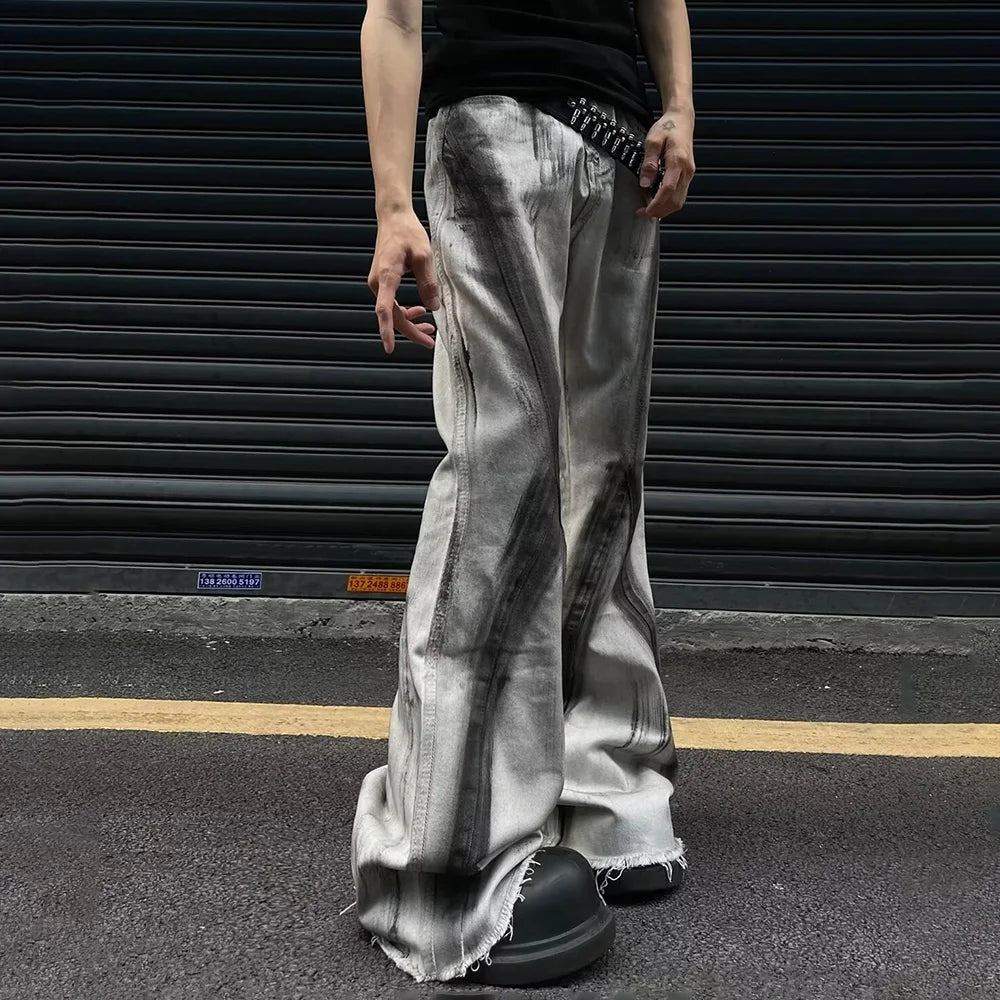 Hip Hop Men's Y2k Harajuku Contrast Color Gradient Flared Denim Trousers Retro Fashion Casual Trend High Street Men's Bottoms