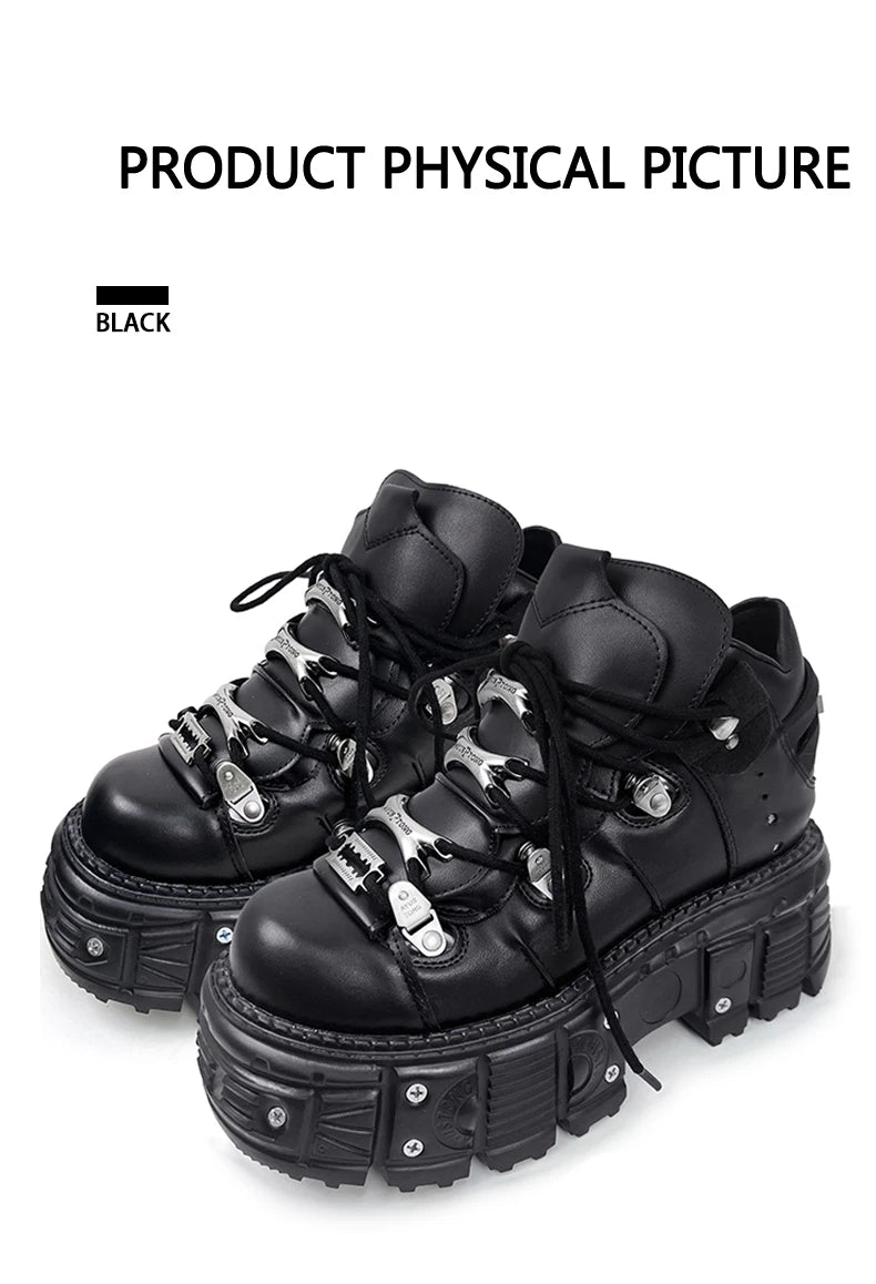New Women Shoes Punk Style Lace-up Heel Height 6CM Platform Shoes Woman Gothic Ankle Rock Boots Metal Decor Woman Sneakers
