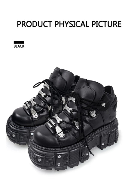 New Women Shoes Punk Style Lace-up Heel Height 6CM Platform Shoes Woman Gothic Ankle Rock Boots Metal Decor Woman Sneakers