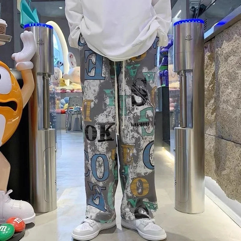 High Street Graffiti Tie-dye Pants Men Casual Loose Oversized Hip-hop Trousers Man American Straight Wide-leg Pants