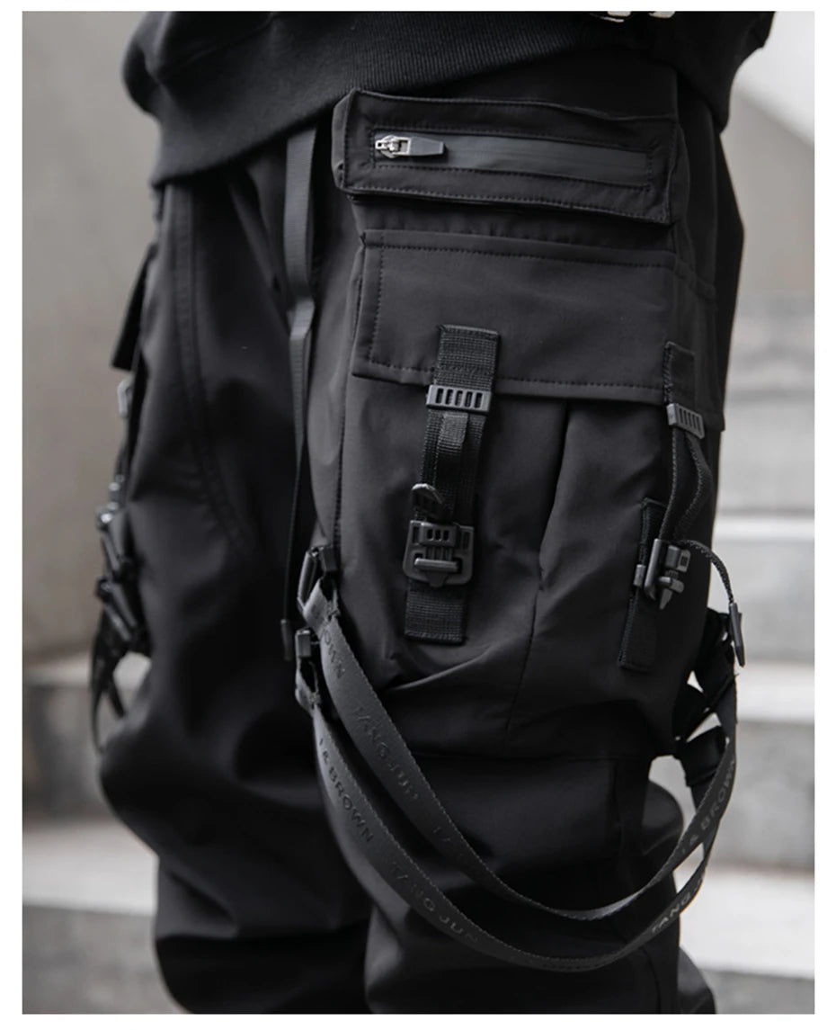 Hip Hop Tactical Cargo Pants Men Ribbons Joggers Trousers 2023 Spring Functional Elastic Waist Fahsion Streetwear Pant