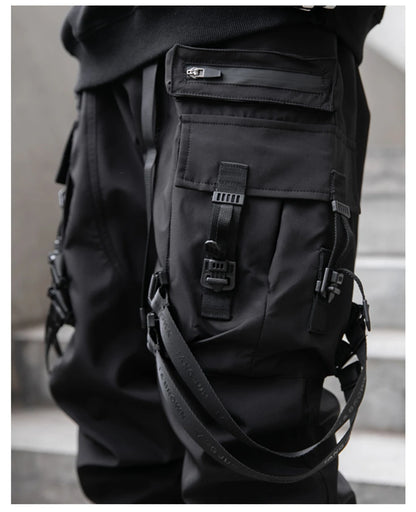 Hip Hop Tactical Cargo Pants Men Ribbons Joggers Trousers 2023 Spring Functional Elastic Waist Fahsion Streetwear Pant