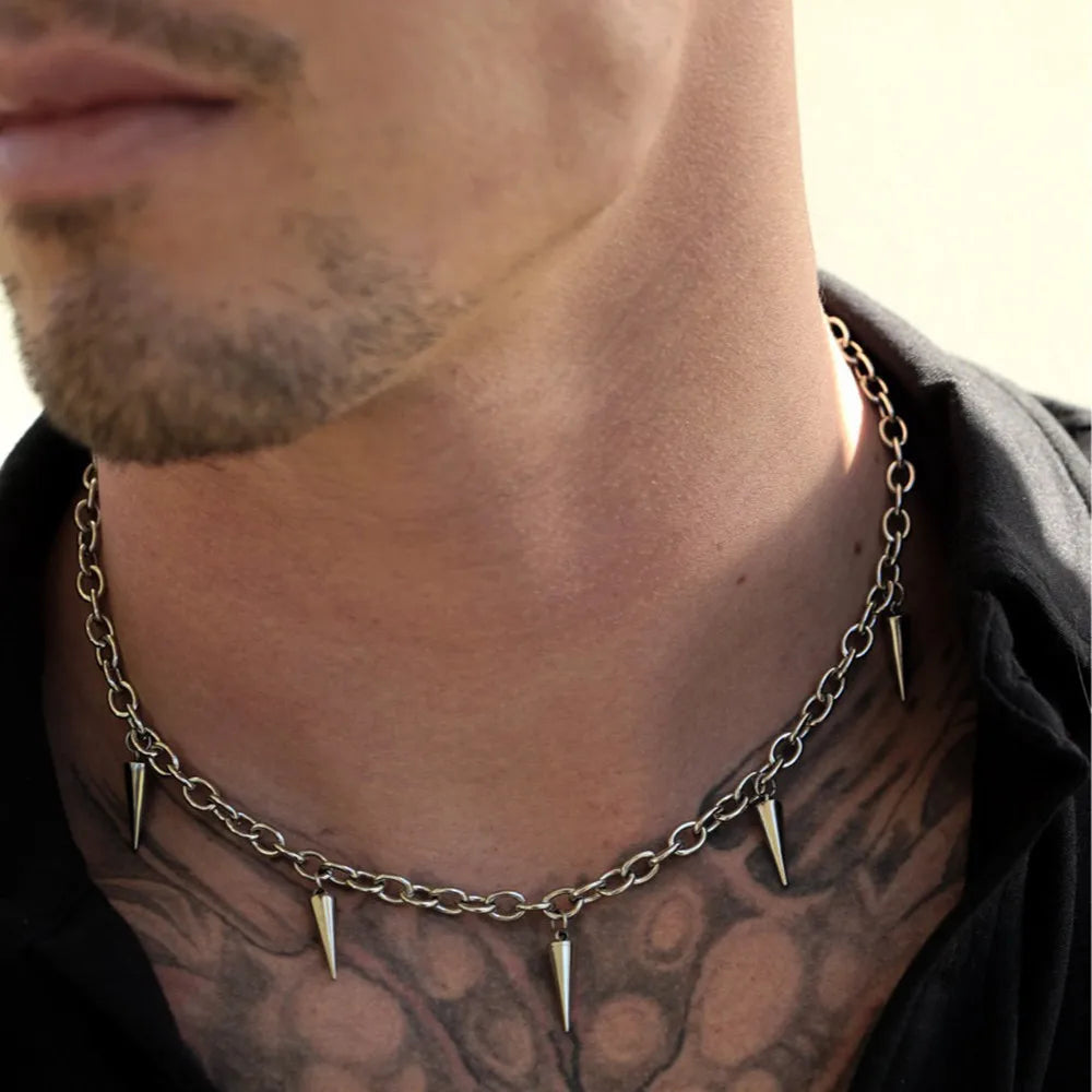 Men Punk Style Rivet Tassel Necklace Hip Hop Women Fashion Geometric Titanium Steel Chain Necklace