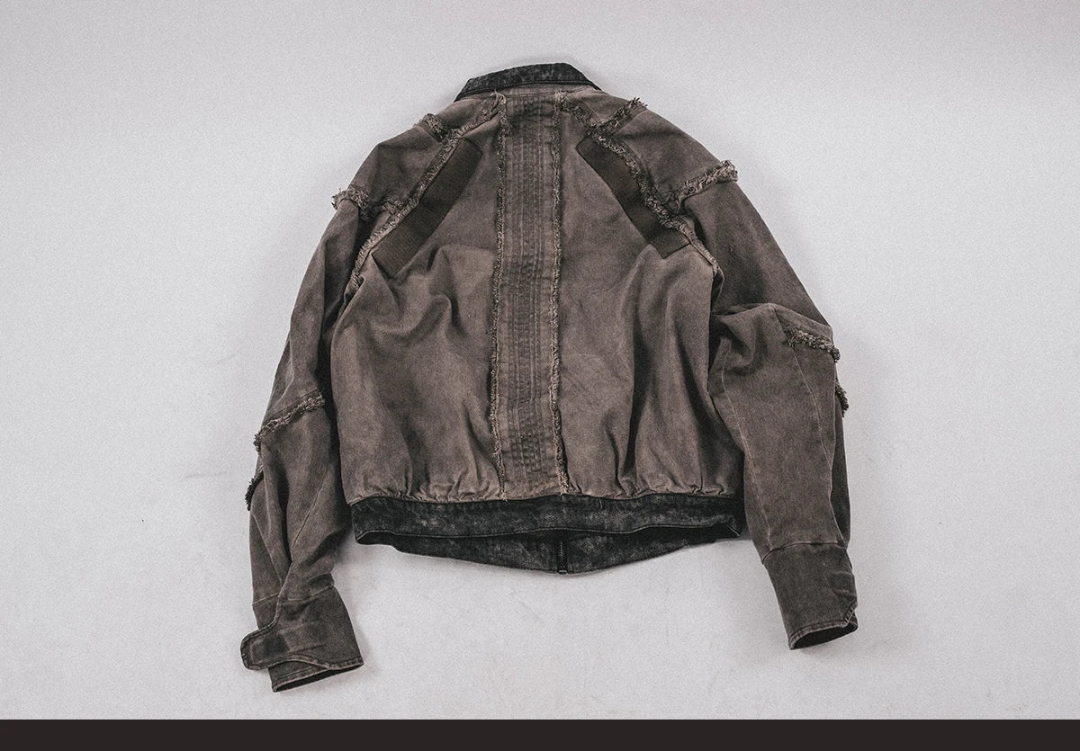 Waste Soil Style Washed Frayed Rough Edge Short Jacket Men Profile Distressed Flip Collar Coat