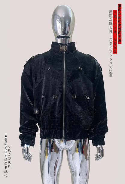 Mauroicardi Autumn Short Color Block Crocodile Print Faux Leather Jacket Men Stand Collar Luxury Designer Punk Style Emo Clothes