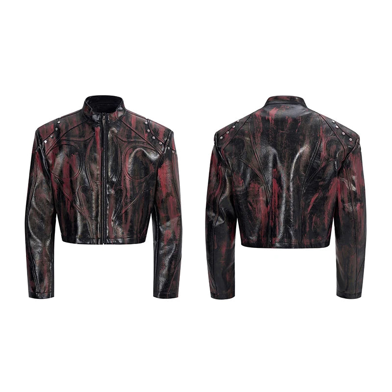 FEWQ High Street Men's PU Leather Jackets Stand Collar Shoulder Pads Dirty-dying Contrast Color Loose Male Short Coats 24K5621