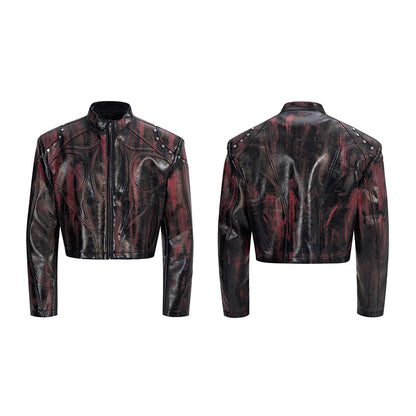 FEWQ High Street Men's PU Leather Jackets Stand Collar Shoulder Pads Dirty-dying Contrast Color Loose Male Short Coats 24K5621