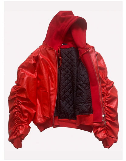 Mauroicardi Autumn Winter Oversized Cool Black Thickened Warm Pu Leather Bomber Jacket Men Hood Luxury Designer Fake 2 Clothes