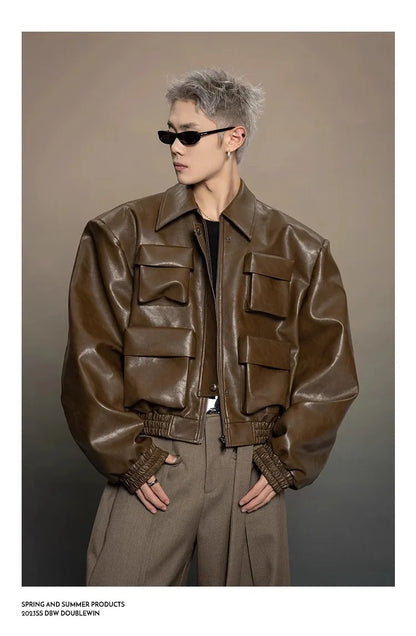 Y2K Mens PU Leather Jacket Pocket Motorcycle Coat Flip Collar Casual Gothic High Street Dark Silhouette Top Men's Wear 2025