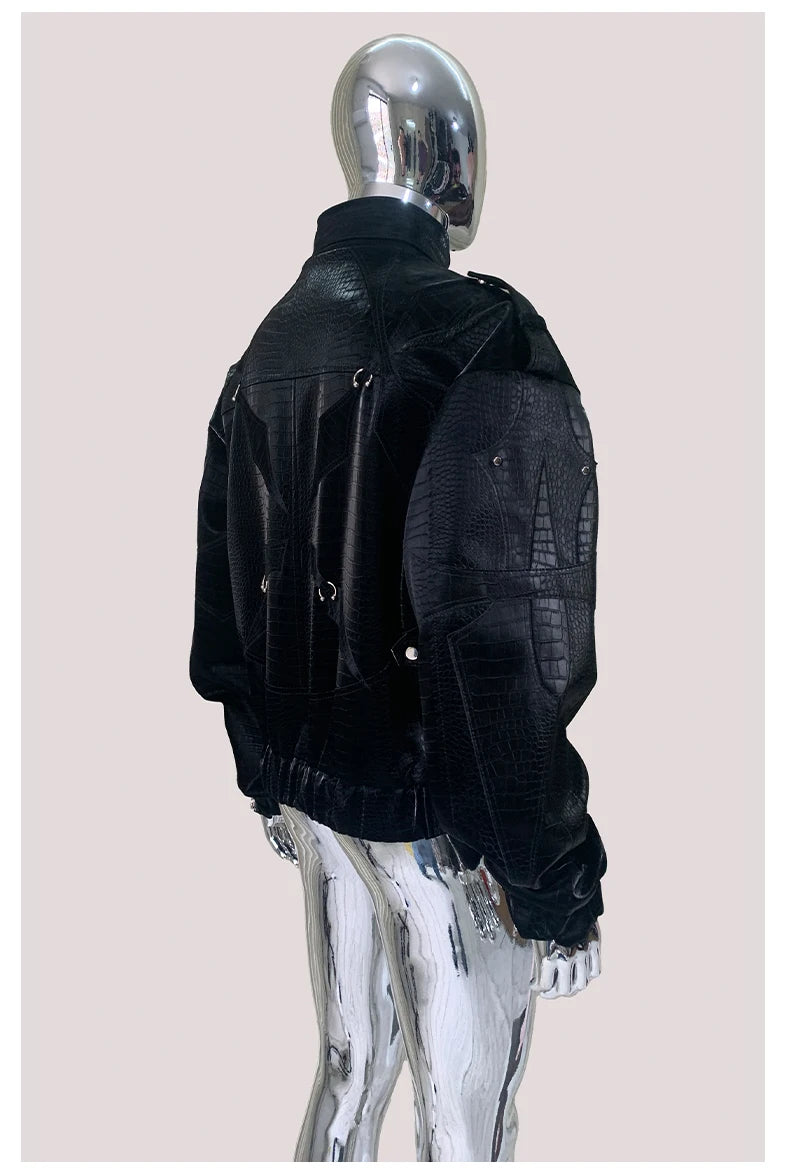 Mauroicardi Autumn Short Color Block Crocodile Print Faux Leather Jacket Men Stand Collar Luxury Designer Punk Style Emo Clothes