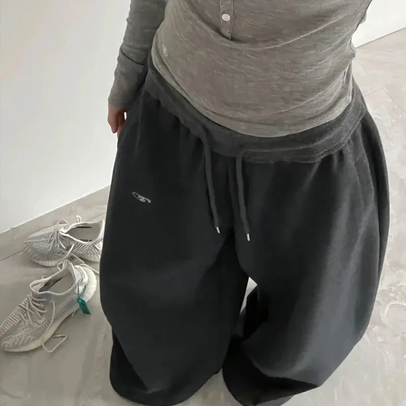 American Retro Hip-Hop Oversized Woman Black Casual Sweatpants Korean Streetwear Loose Jogging Pants High Waist Wide-Leg Pants