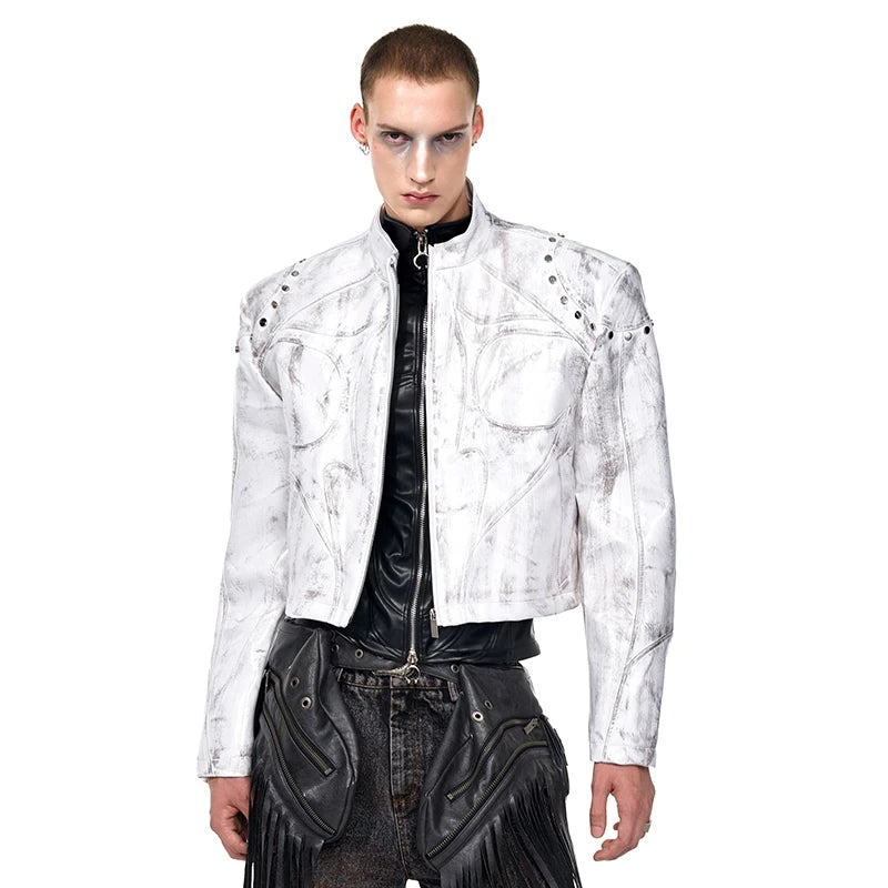 FEWQ High Street Men's PU Leather Jackets Stand Collar Shoulder Pads Dirty-dying Contrast Color Loose Male Short Coats 24K5621