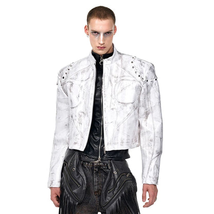 FEWQ High Street Men's PU Leather Jackets Stand Collar Shoulder Pads Dirty-dying Contrast Color Loose Male Short Coats 24K5621