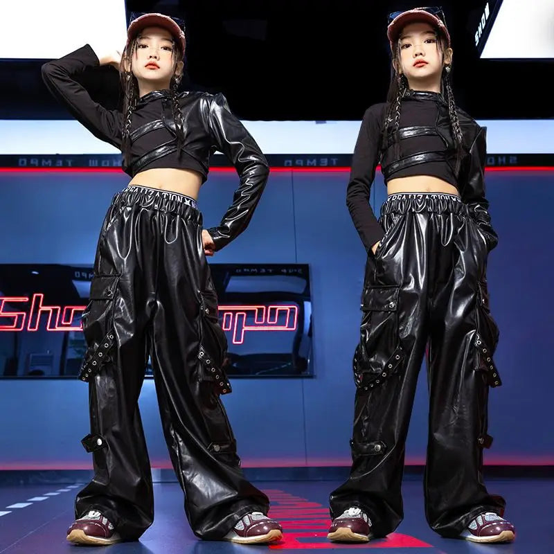 Jazz Dance Girls Clothes Kids Hip Hop Dance Costume Black Leather Crop Tops Hiphop Pants Catwalk Performance Clothing BL13600