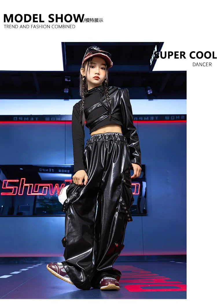 Jazz Dance Girls Clothes Kids Hip Hop Dance Costume Black Leather Crop Tops Hiphop Pants Catwalk Performance Clothing BL13600