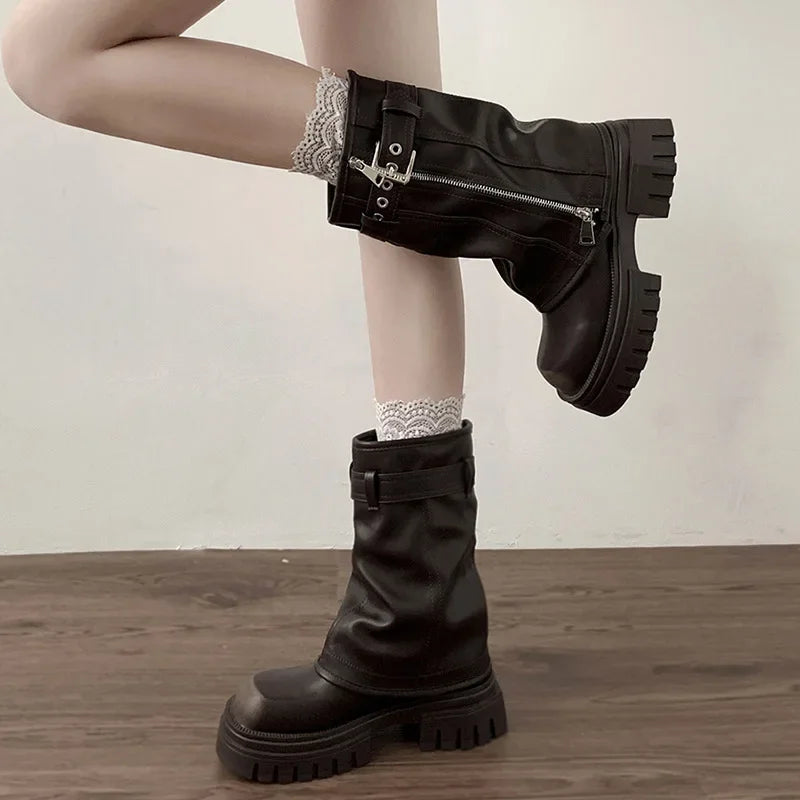 Winter Women Biker Boots Fashion Belt Buckle Ladies Elegant Platform Flats Short Booties Casual Women's Knight Booties