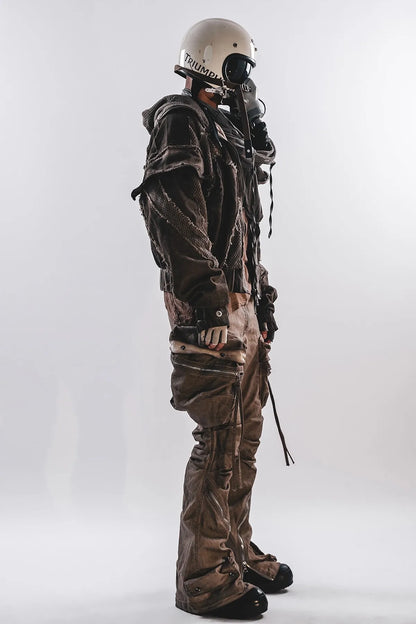 Waste Soil Style Men Stereoscopic Cut Mesh Splicing Hooded Short Jacket Washed Distressed Coat Men