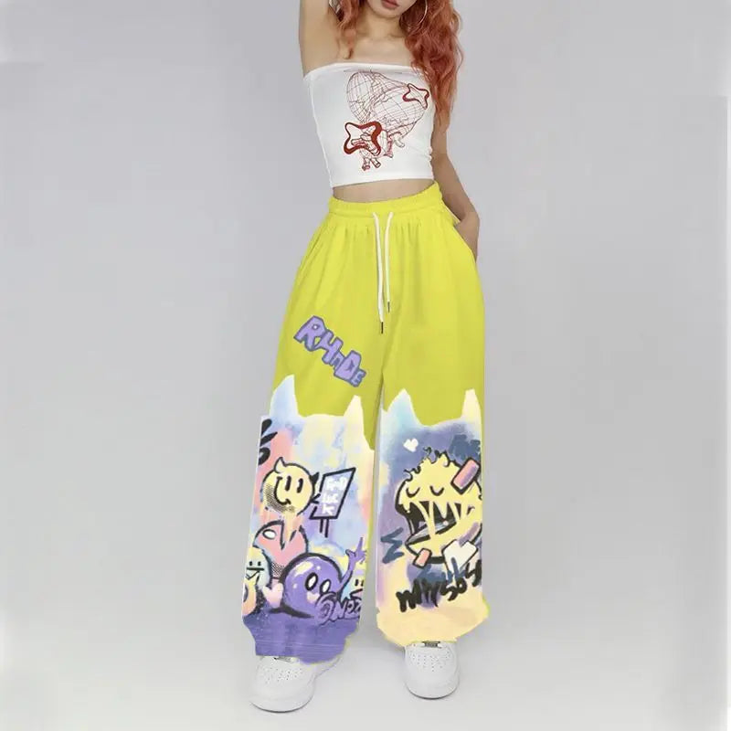 American Street Hip Hop Straight Graffiti Casual Pants New Fashion Casual High Waist Pockets Jazz Dance Sports Wide Leg Trousers