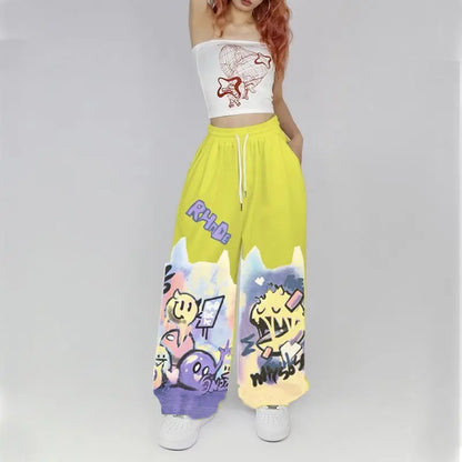 American Street Hip Hop Straight Graffiti Casual Pants New Fashion Casual High Waist Pockets Jazz Dance Sports Wide Leg Trousers