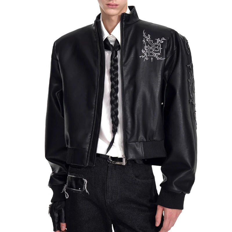 Motorcycle Style Black Short PU Leather Jacket Metal Letter Embroidered Leather Coat Men