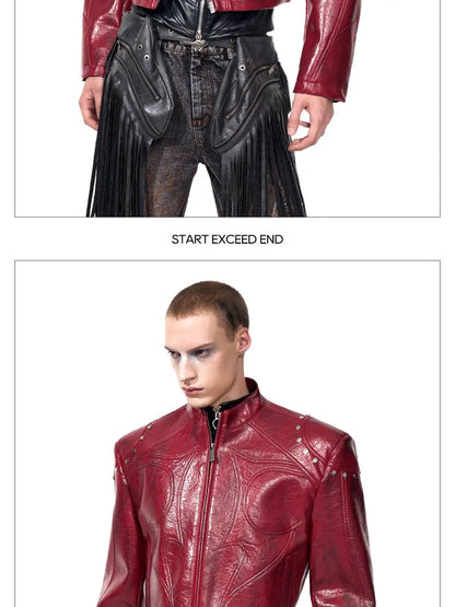 FEWQ High Street Men's PU Leather Jackets Stand Collar Shoulder Pads Dirty-dying Contrast Color Loose Male Short Coats 24K5621