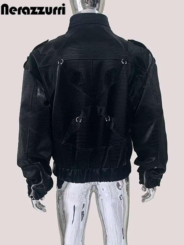 Mauroicardi Autumn Short Color Block Crocodile Print Faux Leather Jacket Men Stand Collar Luxury Designer Punk Style Emo Clothes