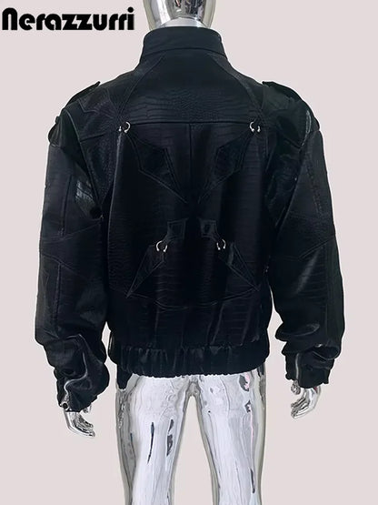 Mauroicardi Autumn Short Color Block Crocodile Print Faux Leather Jacket Men Stand Collar Luxury Designer Punk Style Emo Clothes