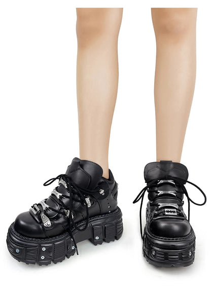 New Women Shoes Punk Style Lace-up Heel Height 6CM Platform Shoes Woman Gothic Ankle Rock Boots Metal Decor Woman Sneakers