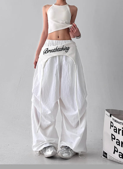 Women's Bootcut Trousers - Streetwear Baggy Pants with Hip Drape & Waist Ties, American Hip Hop Curved Hem Casual Pants White