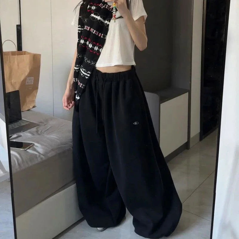 American Retro Hip-Hop Oversized Woman Black Casual Sweatpants Korean Streetwear Loose Jogging Pants High Waist Wide-Leg Pants