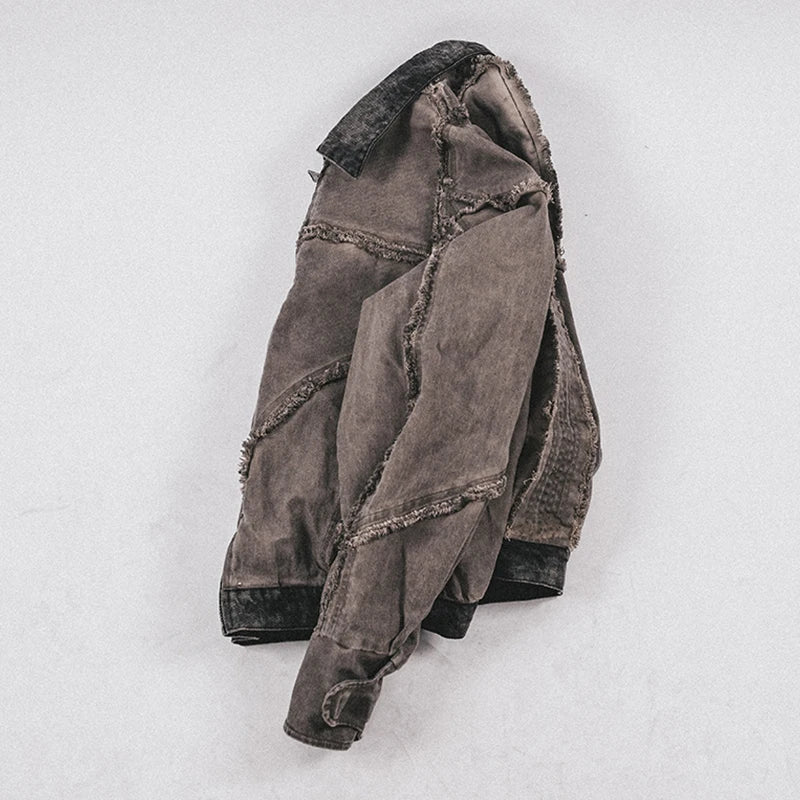 Waste Soil Style Washed Frayed Rough Edge Short Jacket Men Profile Distressed Flip Collar Coat