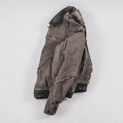 Waste Soil Style Washed Frayed Rough Edge Short Jacket Men Profile Distressed Flip Collar Coat