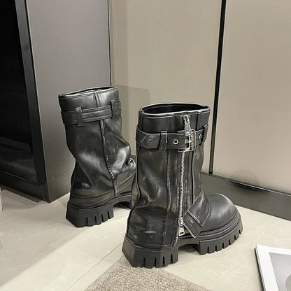 Shoes for Women Belt Buckle Women's Boot Fashion Side Zipp Modern Boots Women High Quality Round Toe Mid-Calf Zapatos