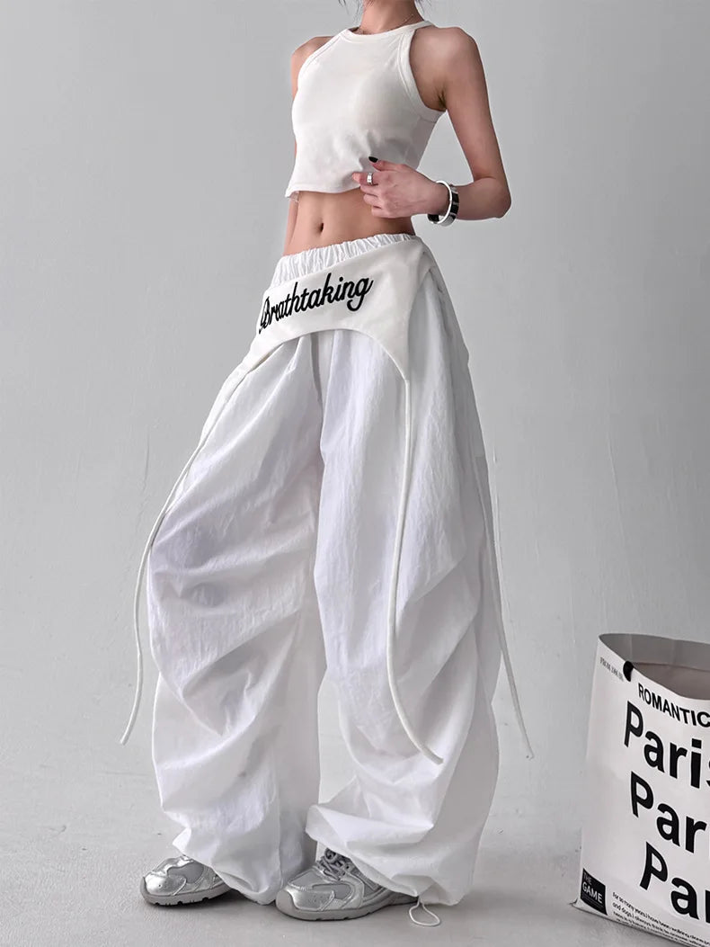 Women's Bootcut Trousers - Streetwear Baggy Pants with Hip Drape & Waist Ties, American Hip Hop Curved Hem Casual Pants White