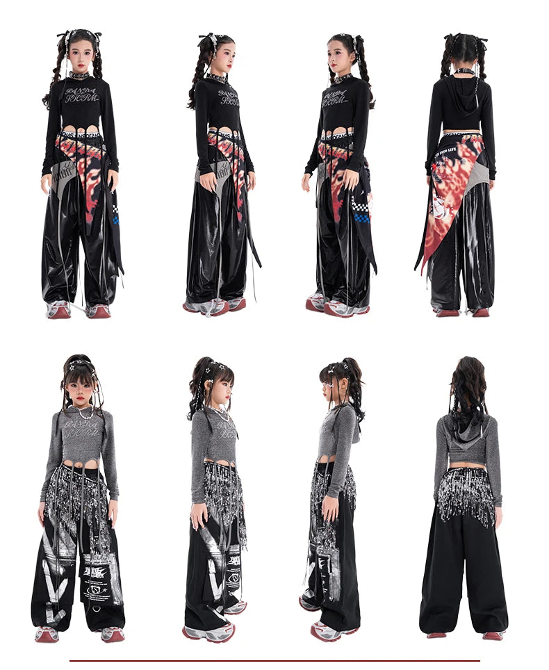 Fashion Girls Hip Hop Dance Clothing Long Sleeves Tops Baggy Pants Kids Jazz Kpop Performance Costume Street Dance Wear BL17513