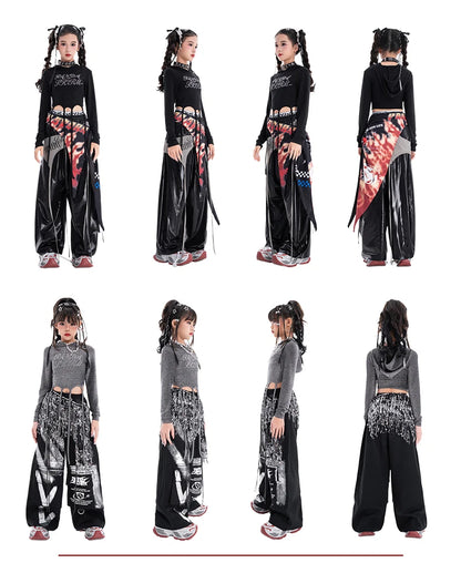 Fashion Girls Hip Hop Dance Clothing Long Sleeves Tops Baggy Pants Kids Jazz Kpop Performance Costume Street Dance Wear BL17513