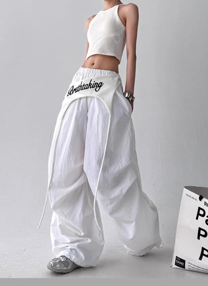 Women's Bootcut Trousers - Streetwear Baggy Pants with Hip Drape & Waist Ties, American Hip Hop Curved Hem Casual Pants White